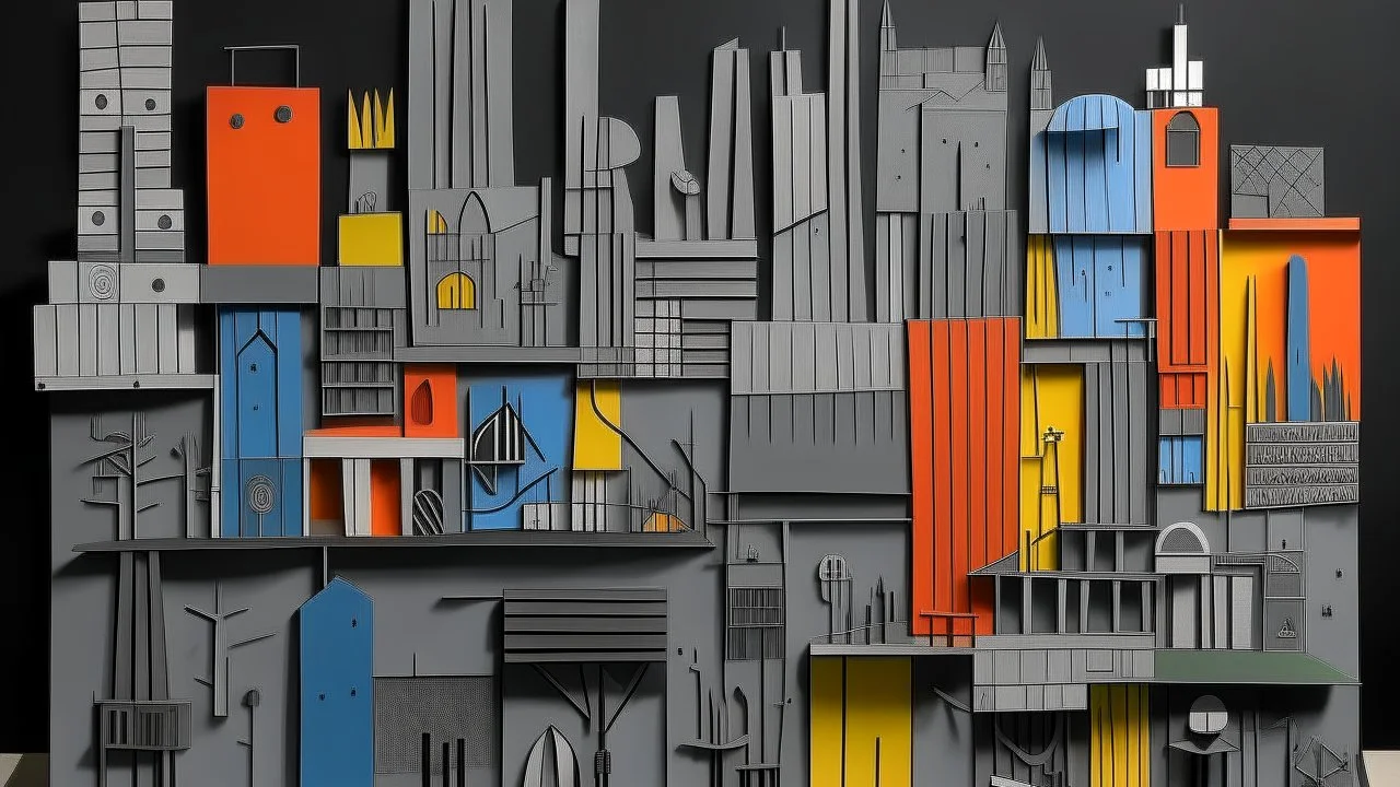 A gray city made out of metal painted by Stuart Davis