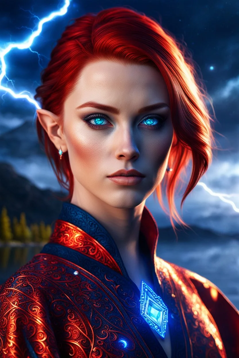 detailed blue eyes, female russian half elf, red sleek short lob hairstyle, detailed glowing ornamental magical pattern robe, glowing gem crackling with lightning implanted on robe, 8k, high detail, lake background, midnight, facing viewer, front facing