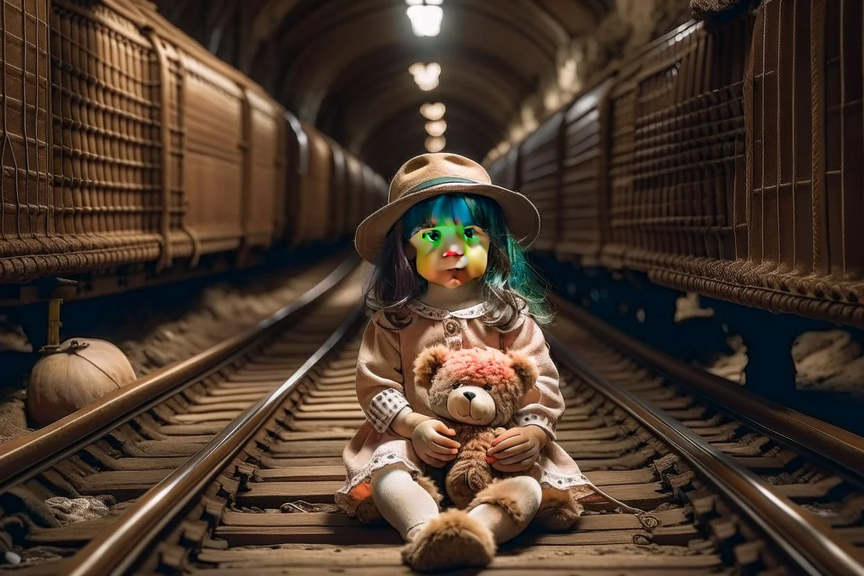 in a tunnel little girl is holding a teddy bear next to train tracks