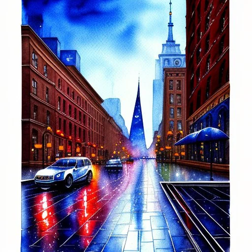 watercolor painting of a rainy street in Center City Philadelphia.