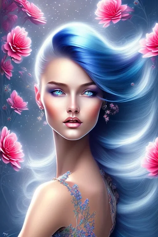 a beautiful woman with azure hair, happy, flowers, beautiful colors, very fine detail, high quality, mystical, romanticism, intricate,