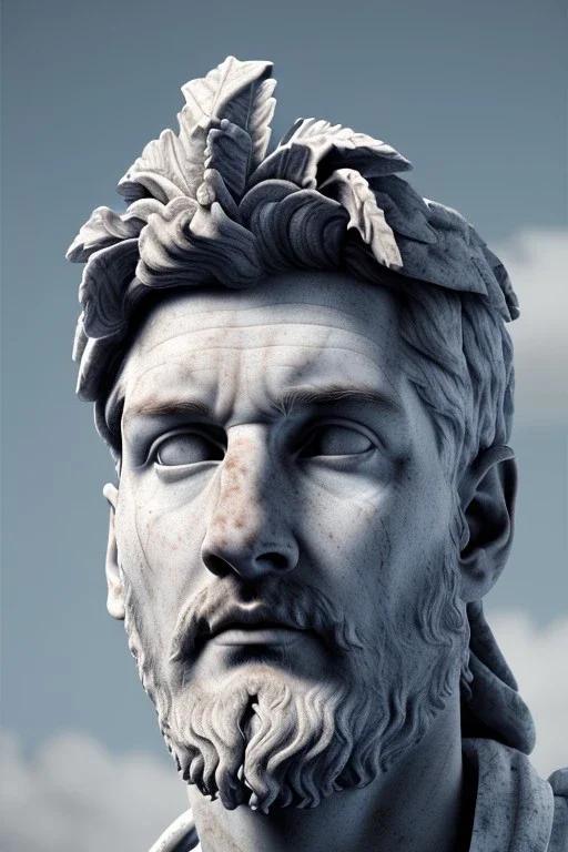 Ultra Realistic image, roman sculpture, deluxe white marble material, Lionel Messi, Laurel leaves wreath, Renaissance style, miguel angel David style, chisel style, emperor, waist up portrait, epic, celestial, cinematic lighting, God light, god rays, 4k resolution, smooth details, ornate details, unreal engine 5, blue vibrant background.