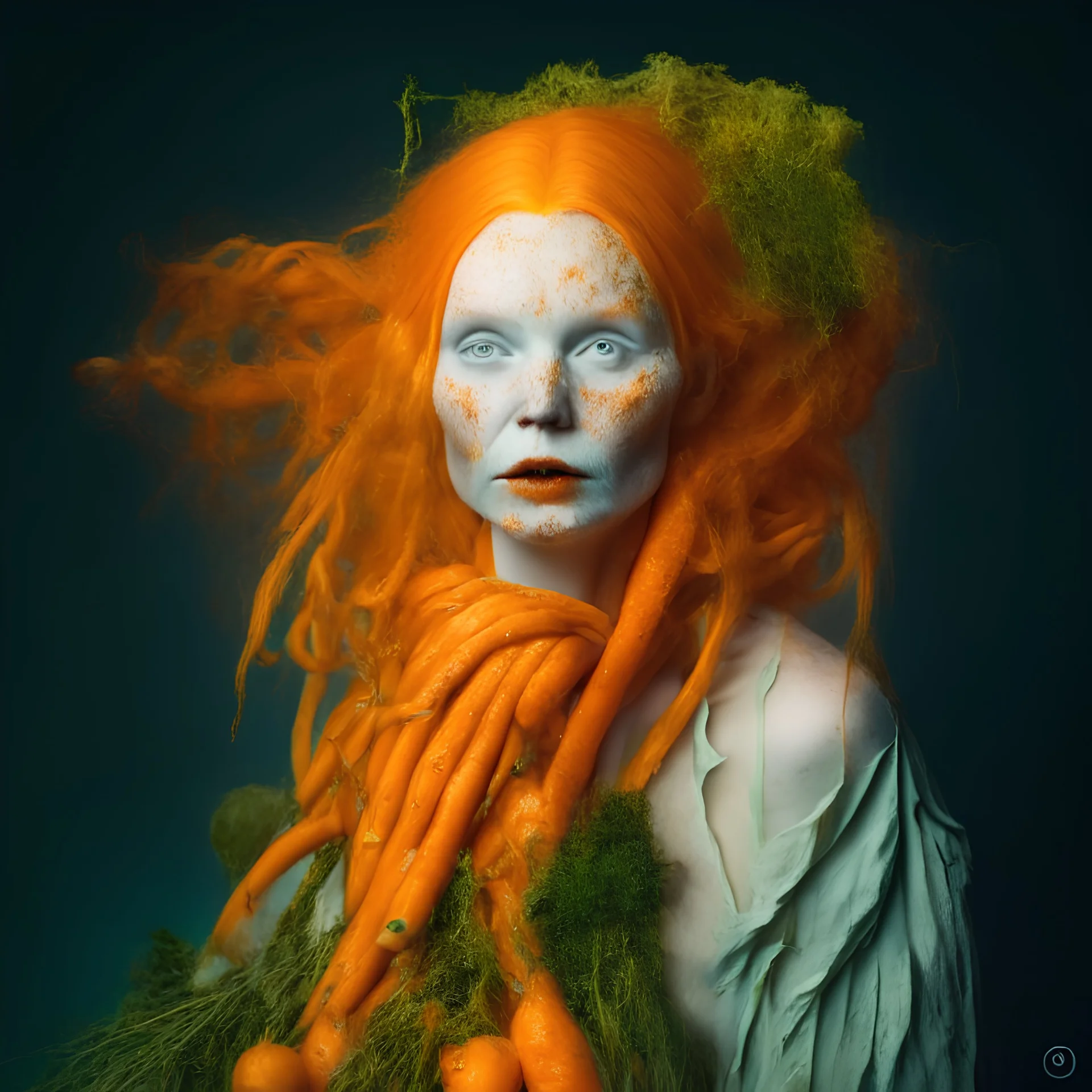 Undressed Pale old witch portrait, orange hair made of carrots and other vegetables, mold skin, style - professional_studio light