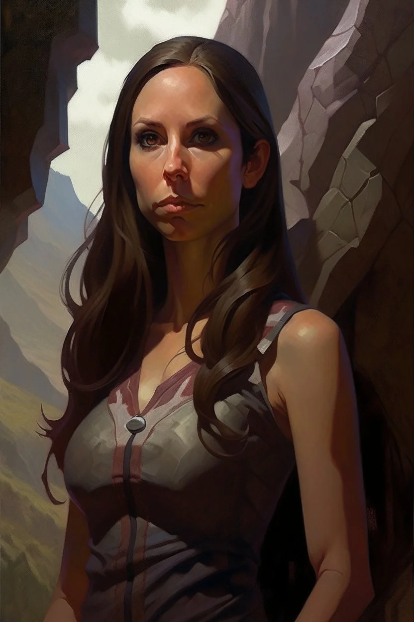 1970's dark fantasy cover dnd style oil painting of abella danger in a minimalist far perspective.