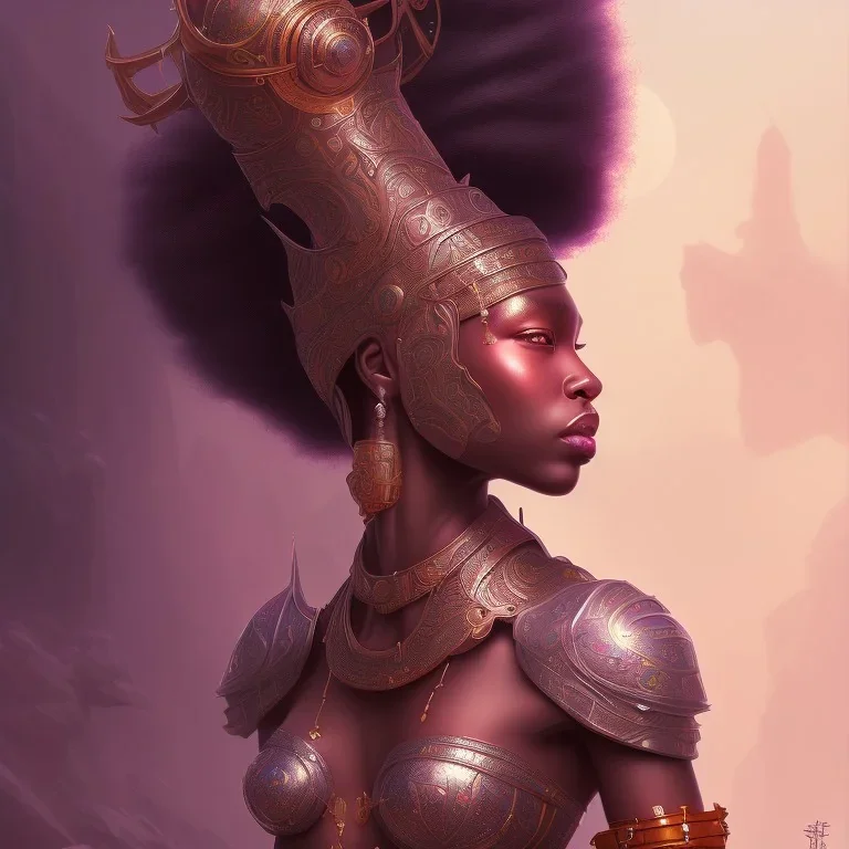 sango fantasy, fantasy magic, intricate, sharp focus, illustration, highly detailed, digital painting, concept art, matte, masterpiece head sexy view black African beauty black afro hair space lady pink one head dragon skin African princess facing forward