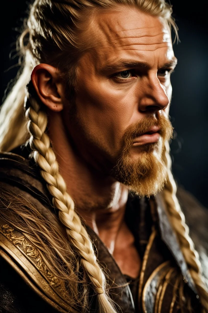 portrait of a 40 year old viking , long blond hair with Two braids hung down neatly in front of his ears. Rugged face with a scar. blonde beard, fantasy