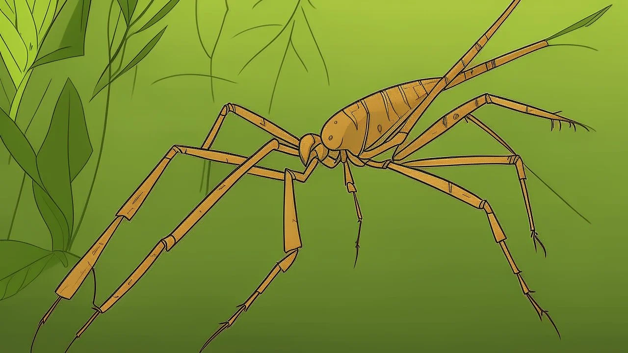 An anime-style illustration of a stick insect with long, spindly brown legs and a slender body clinging to a leaf