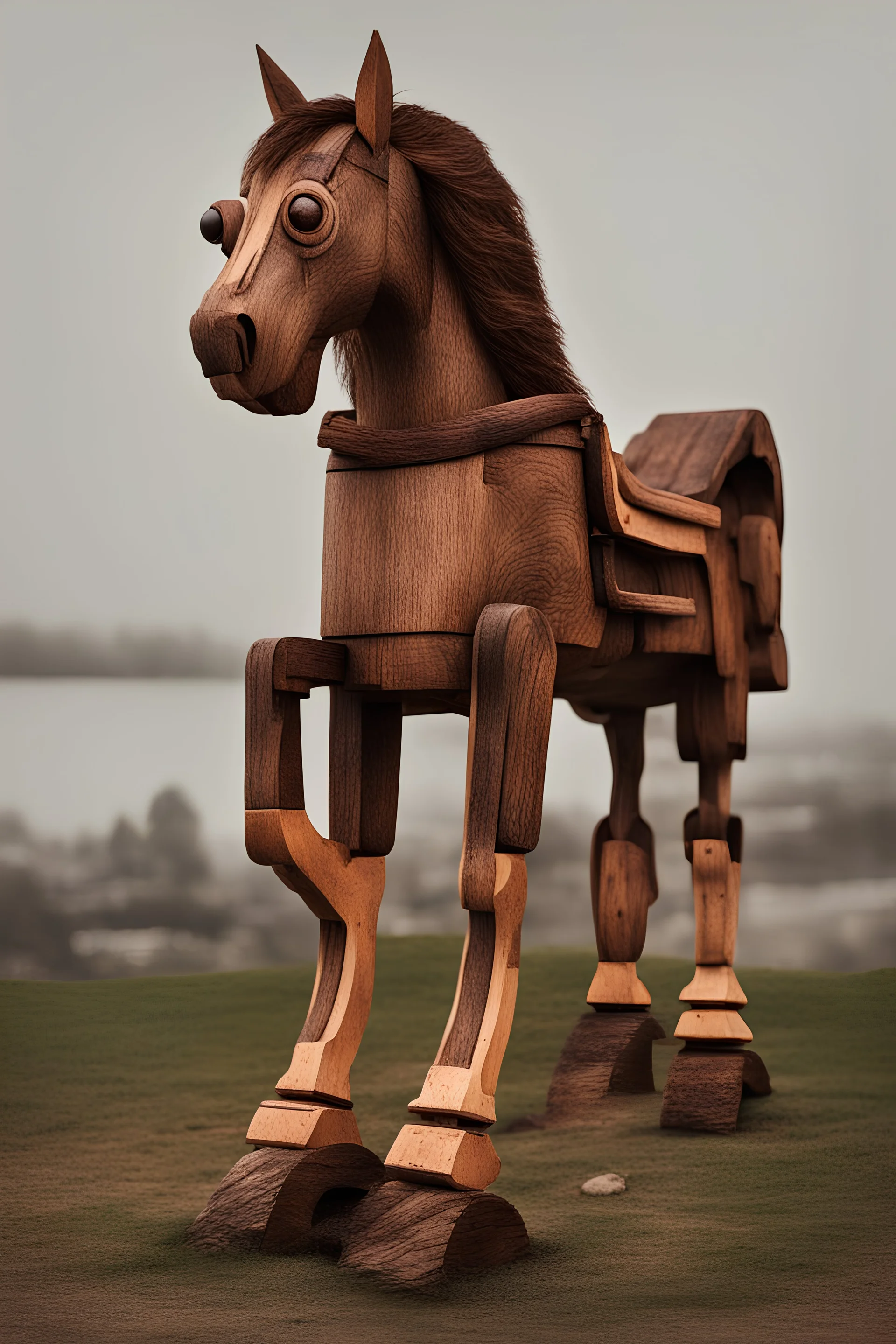 A wooden horse with glowing eyes