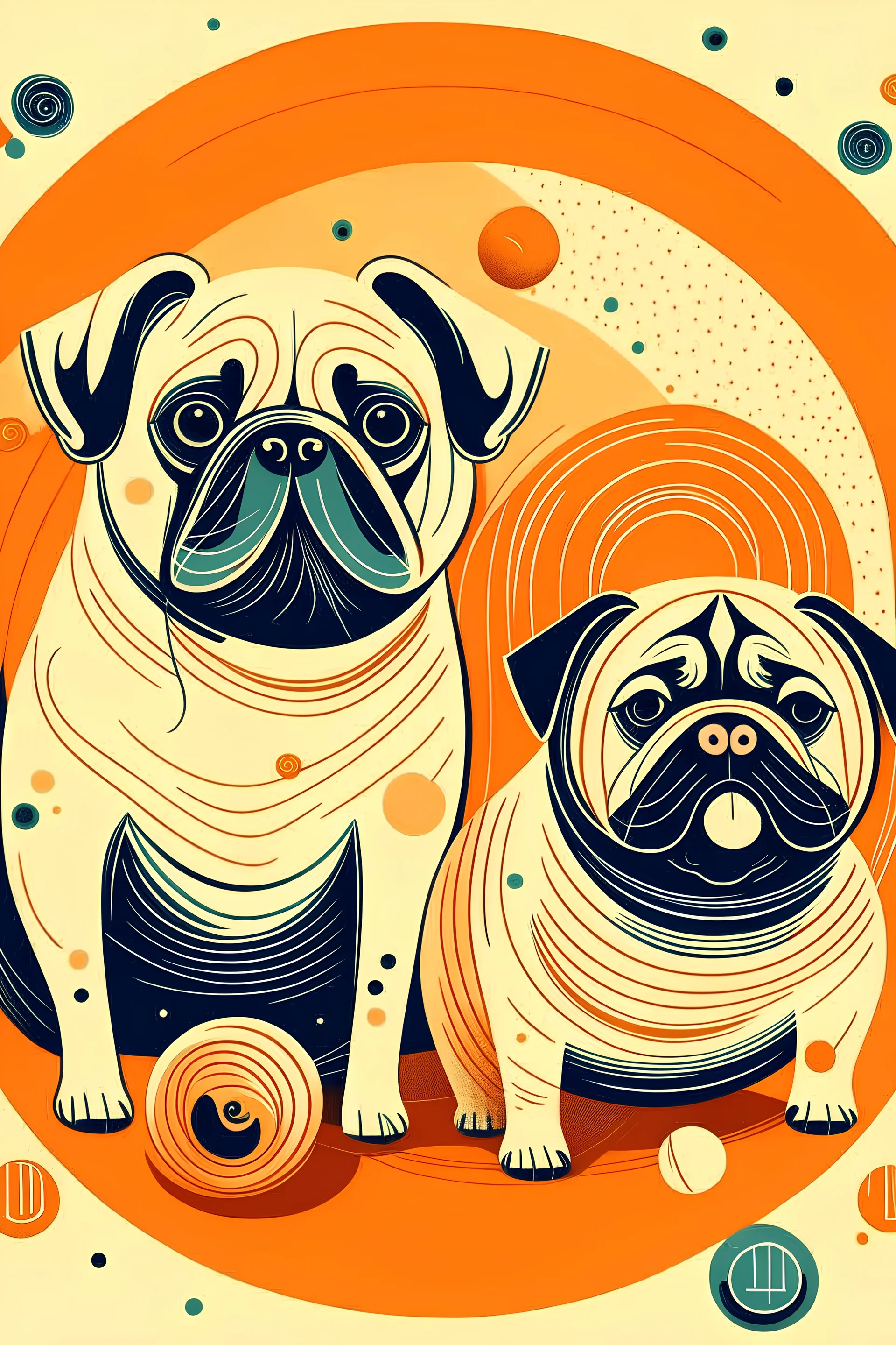 make a round-shaped art with one happy Pug and one Cat in orange color. At the bottom of the art I want a white stripe to write a name