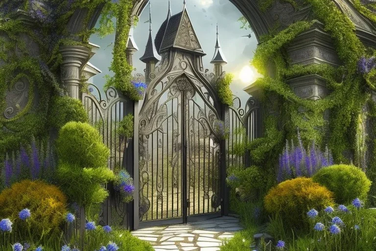 intricate ornate gate, garden, path, flowers, fine detail, high quality, Gothic, mystical,