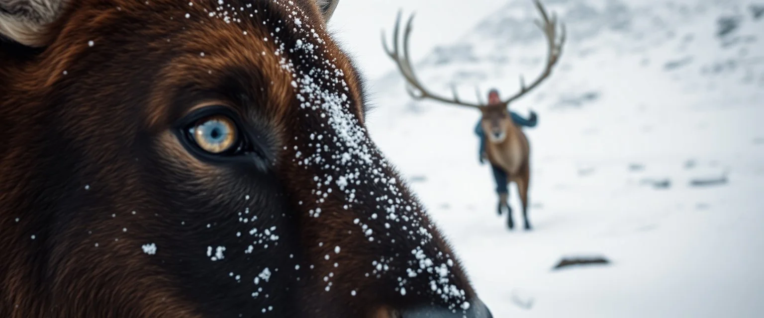 creature with eyes of hound bison reindeer yoga man with the snow flake pattern in the pupils in running in the snow in the snowy mountain
