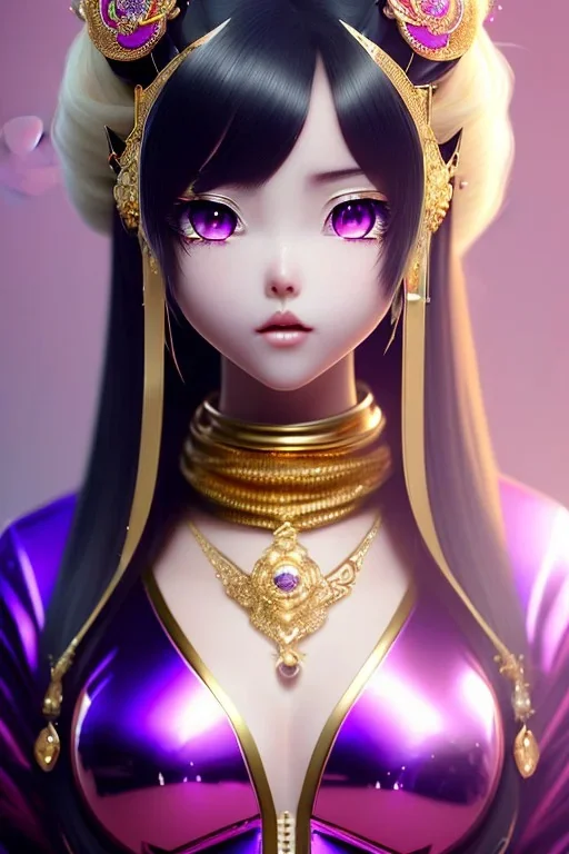 Detailed cute anime Kunoichi girl, sly, gold pupils shaped like hourglass, purple hair buns, purple bangs, black latex bodysuit, intricate details, full body portrait, keep head in frame, slight smile, black Japanese motif, concept art, highly detailed, digital painting, concept art, sharp focus, illustration, art by Yoji Shinkawa, WLOP and greg rutkowski and alphonse mucha and artgerm and yanjun Chen and Junji ito and Makoto Shinkai, HDR, octane render