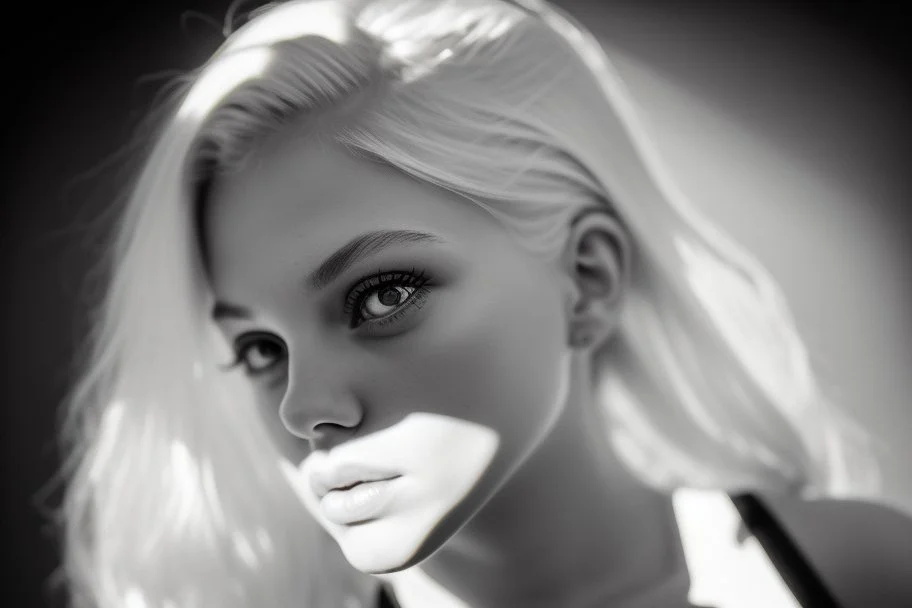 Mujer rubia, retrato primer plano de espaldas, iluminada desde atrás, al estilo de la foto del fotógrafo Hugo Alonso. Imagen en blanco y negro vaporoso