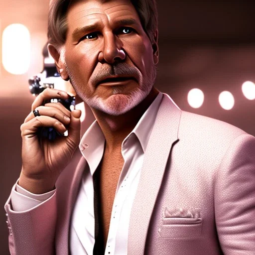 portrait a crystalised white pink harrison ford as han solo, atmospheric, realistic, unreal engine, lighting, octane render, scifi suit