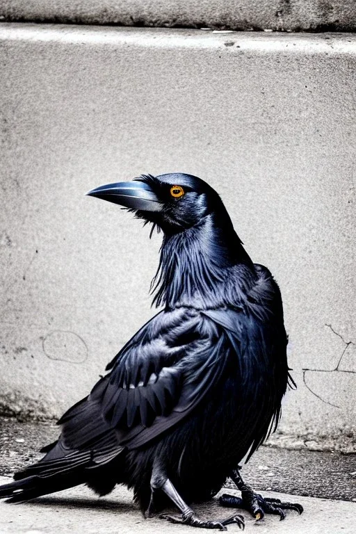 One single mature homeless crow with worn out clothes, sitting in a corner on the street, guitar standing on the left side, Vienna, mourning, perfect iris, model style, hyper realistic, extremely accurate, delicate, extremely detailed, Graphic novel style, wide-angle, open aperture, superfine pencil