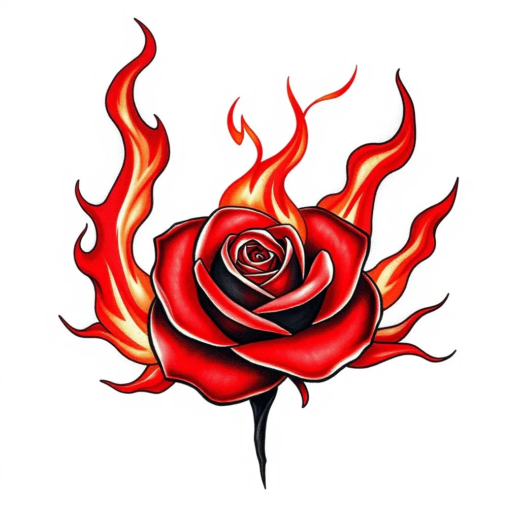 a fire with dark embers and the flames spiral outward like petals to make the shape of a rose flower(red) , black and red tattoo on white background