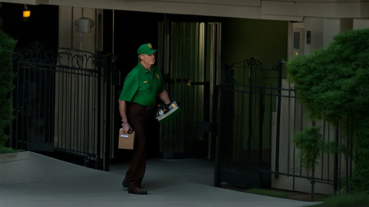 UPS delivery man wearing green crocs is at the gate