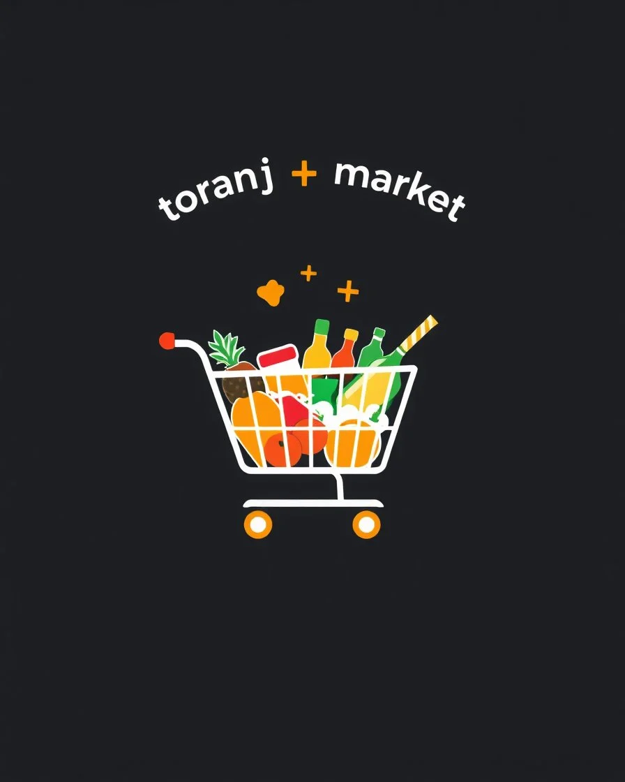 A beautiful design with a shopping cart in the middle filled with supermarket products and the words (toranj plus market) at the top of the image as a logo in a white, orange, and red color theme.