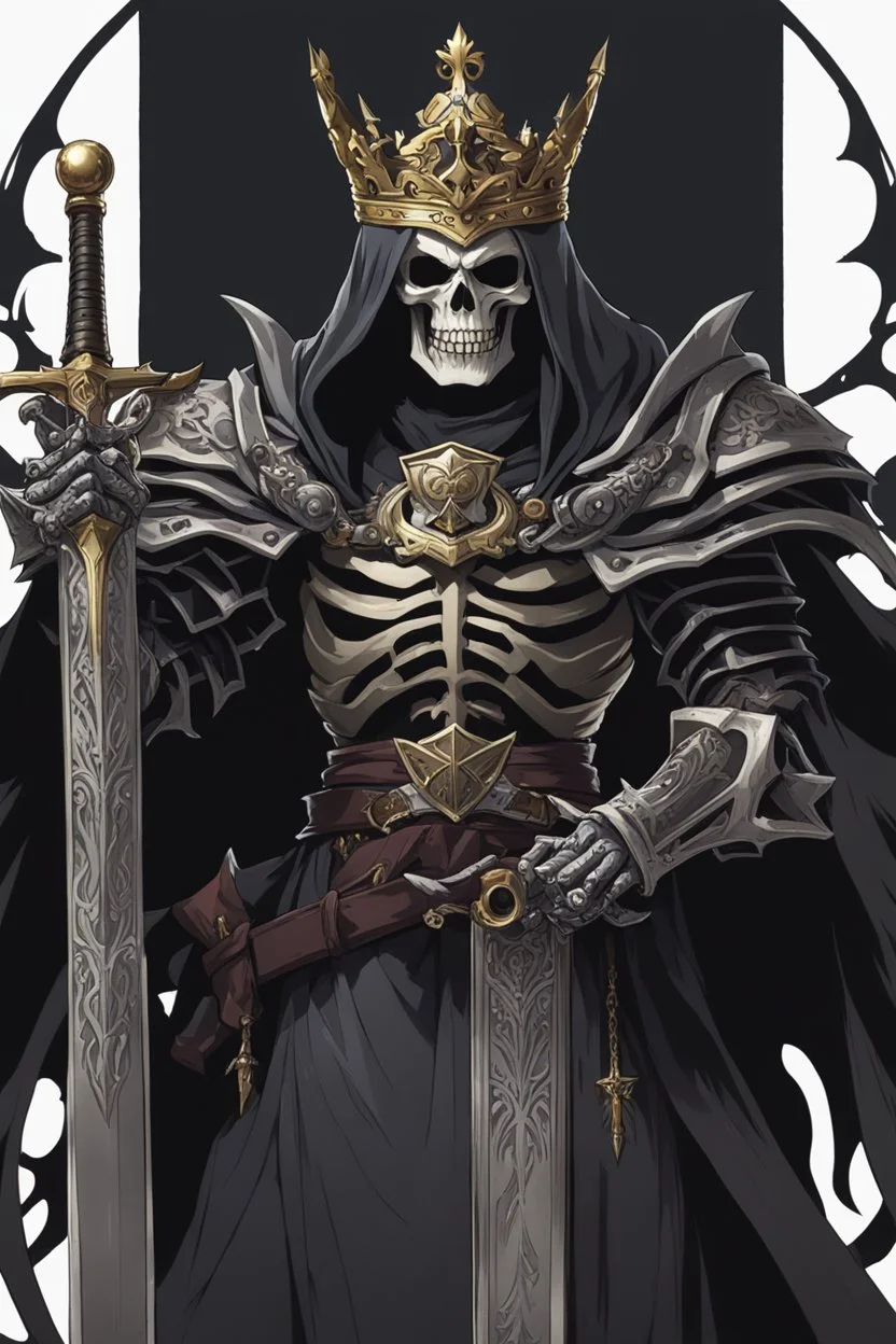 a demonic looking man with a sword in his hand, undead skeleton king, skeleton king, overlord season 4, ainz ooal gown, prince crown of black gears, the king of death, king of time reaper, overlord, lich vecna (d&d), dark and forboding, from overlord, scary knight, large black smile Overlord