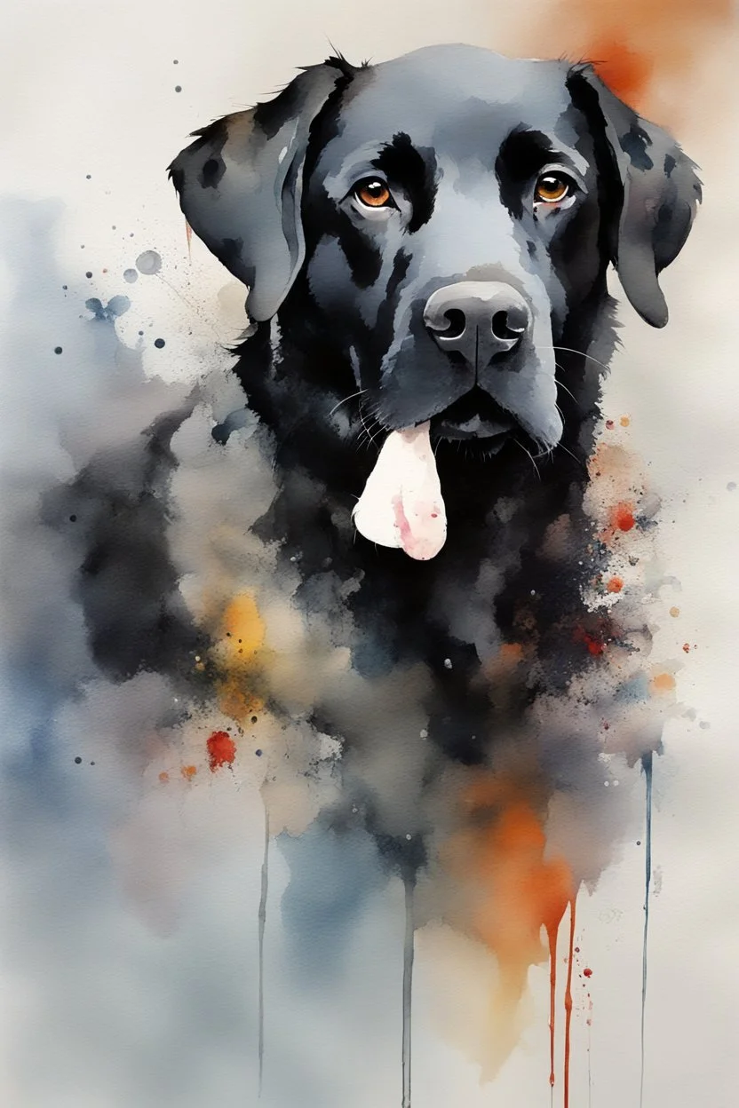 A portrait of black Labrador by Willem Haenraets, watercolor, wet on wet and splattering techniques, centered, perfect composition, abstraction, surrealism