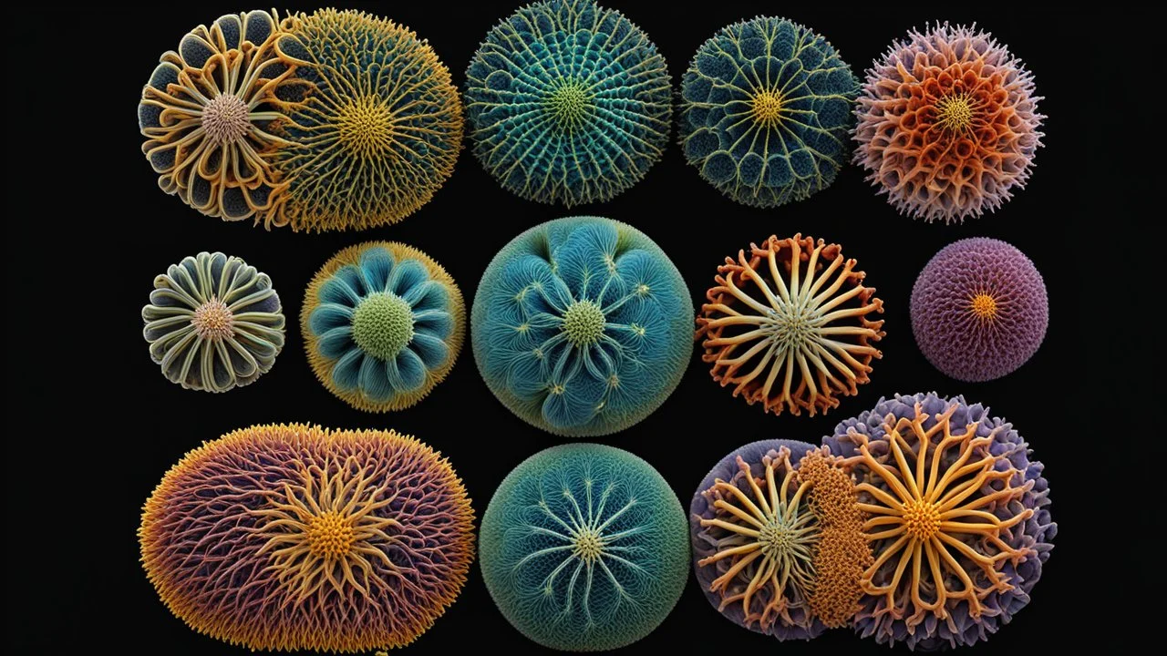 Exotic microscopic organisms, coloured, perfect geometric designs, amazing detail, beautiful composition, award-winning photograph, astonishing realism, 28mm lens, adjust perspective