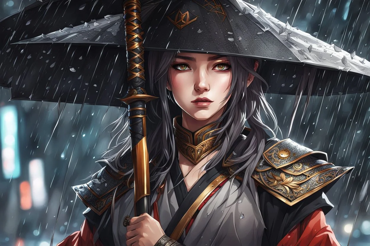 Beautiful girl ronin in 8k anime realistic drawing style, kindred mask, close picture, rain, apocalypse, intricate details, highly detailed, high details, detailed portrait, masterpiece,ultra detailed, ultra quality