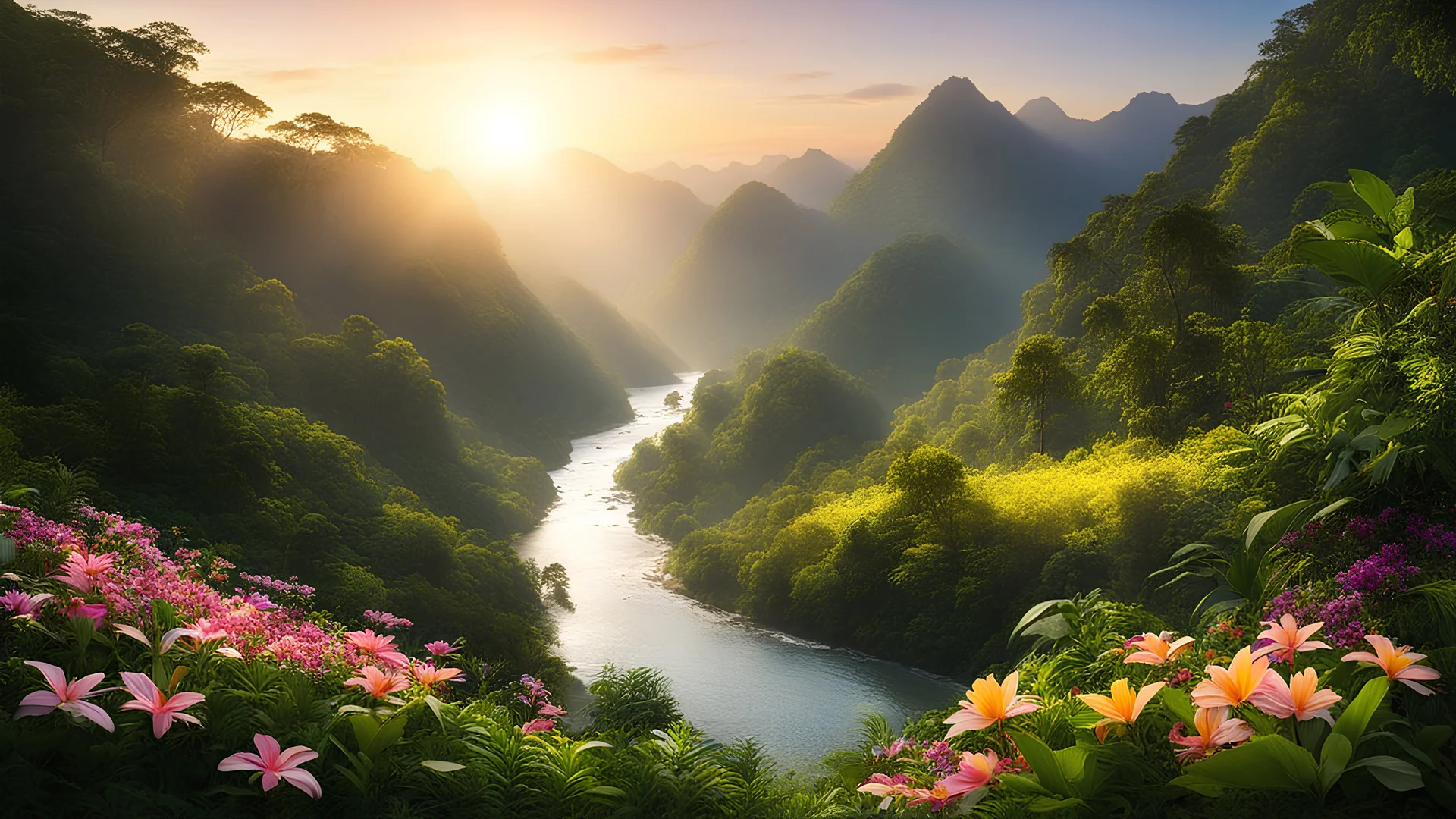 mountain valley, tropical forest, river, flowers, sunset, soft beams of light, soft shadows,