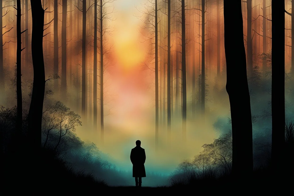 a backdrop of dusk a solitary figure silhouette of a person, is depicted, moving away from the viewer into a dense forest in a misty landscape, hinting at the need for secrecy and seclusion. The colors could be muted, evoking a sense of mystery and suspense. deep colors, harmonic stunning colors transition, black ink, mystic, surreal style, alone mood