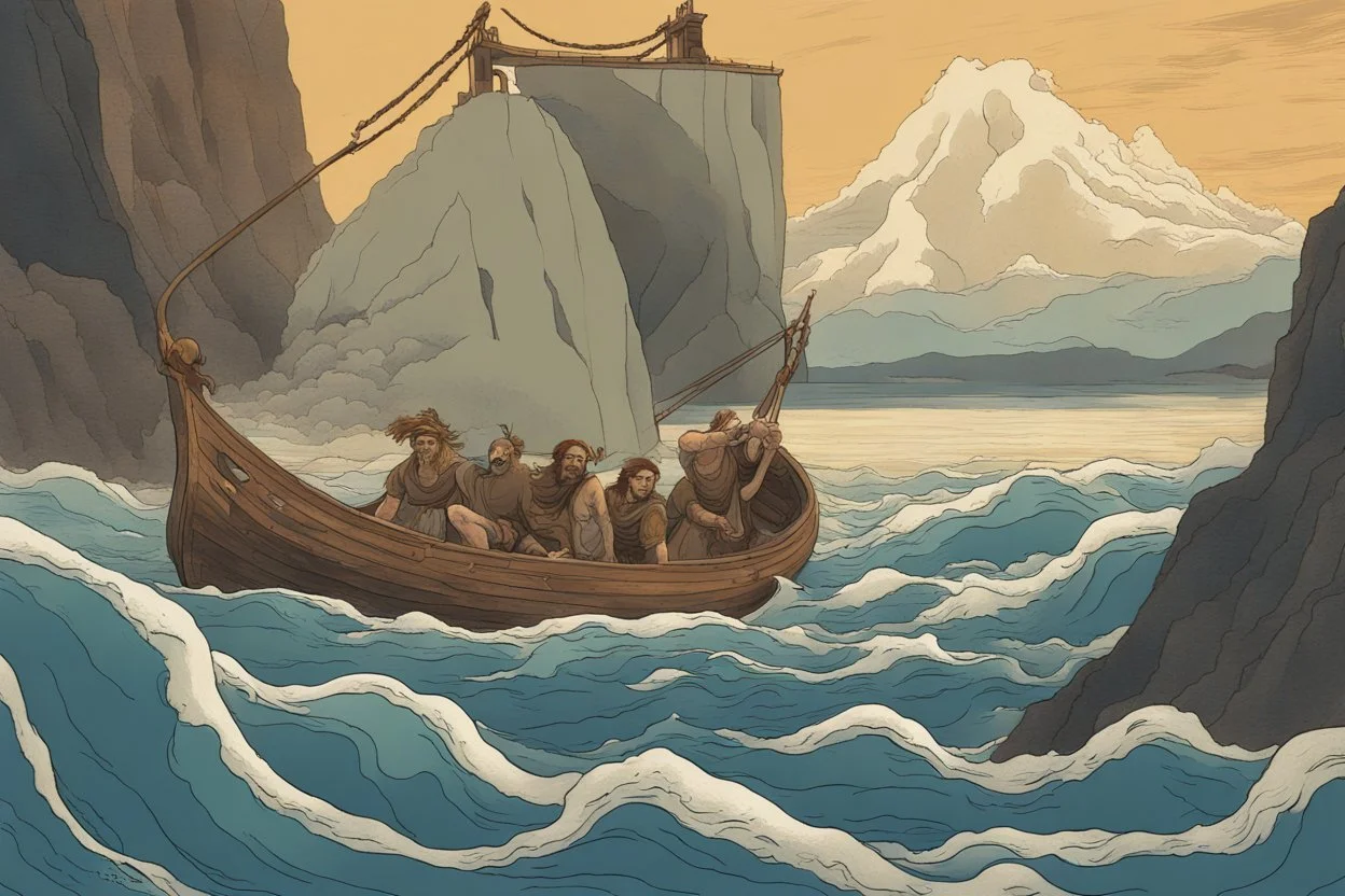 digital painting of the odyssey quest with the mythos cyclops by homer, in the style of hokusai and van gogh