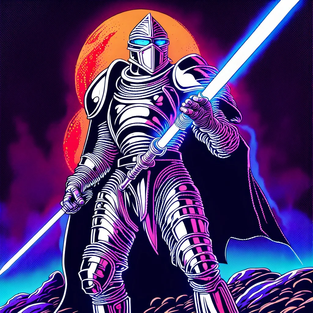 90's retro fantasy art of a heroic space knight with laser sword