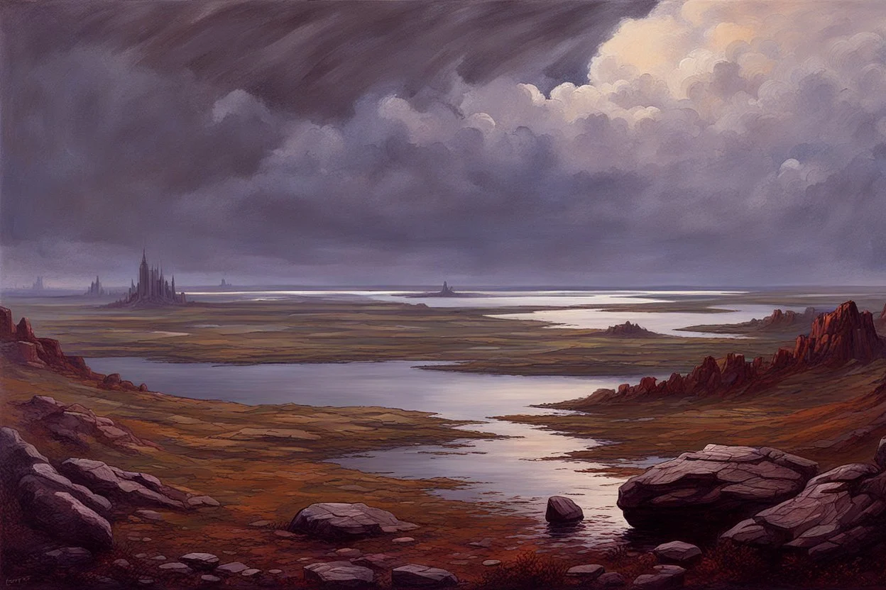 Cloudy day, distant city, lake, rocks, 2000's sci-fi movies influence, friedrich eckenfelder, and pieter franciscus dierckx impressionism paintings