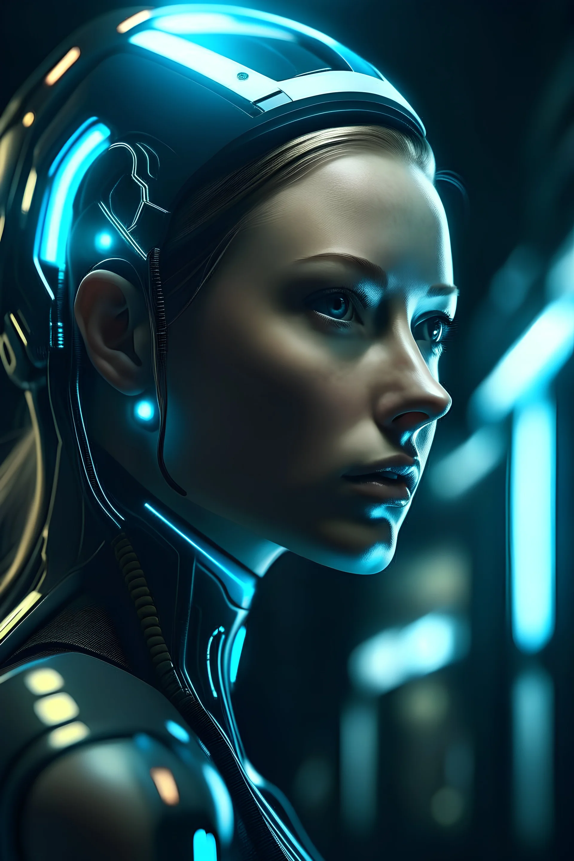 cinematic film still, cybernetic style futuristic style space fighter girl, cute, futuristic, sexy, sleek, modern, ultramodern, high tech, detailed, technological, cybernetic enhancements, robotics, artificial intelligence themes, shallow depth of field, vignette, highly detailed, high budget Hollywood movie, bokeh, cinemascope, moody, epic, gorgeous, film grain, grainy