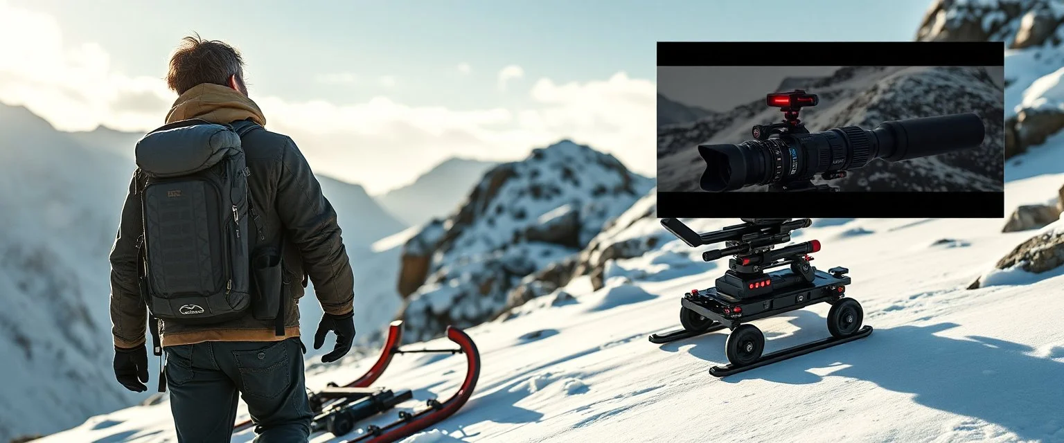“Ultra-realistic outdoor adventure scene in snowy mountains. A rugged human adventurer carries a multifunctional backpack cam rig on a sled. The rig is integrated into the backpack with a telescopic camera mast, foldable sled/runners for low-angle shots, and small stabilizing wheels. Subtle LED lights on the rig glow softly. The backpack looks natural, weatherproof, and lightweight. Snow, rocks, and sunlight create natural shadows. The screen is split between footage and a pic of the equipment.