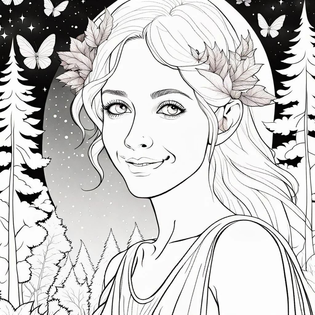 realistic FAIRY, "Moonlit Forest, "adult, face view, cute, smile, beautiful, full view, realistic, coloring page, only draw lines, coloring book, clean line art, –no sketch, color, –ar 3:4, white background, minimalistic black lines, minimal black color, low level black colors, coloring page, avoid thick black colors, thin black line art, avoid colors, perfect shape, perfect clear lines,