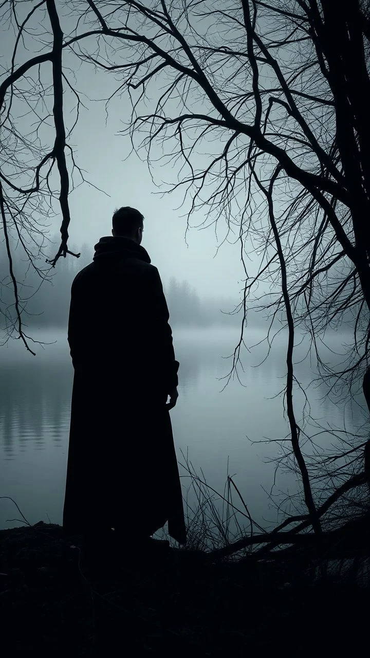 A mysterious man in black standing by the foggy lake black vein, human veins, mixing together a lot of them, like a forest, big and small veins a lot of them. A mist