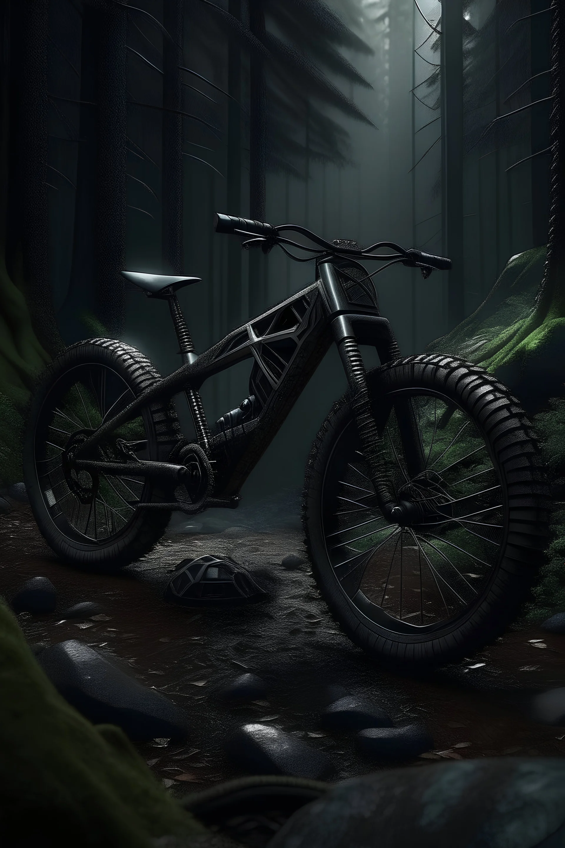 Erstelle ein Mountainbike aus der Zukunft in einem Düsteren Wald