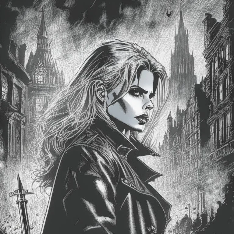 Buffy vampire slayer, in sincity style. Ink art. Comicbook style 1990. London 1800. Fog.