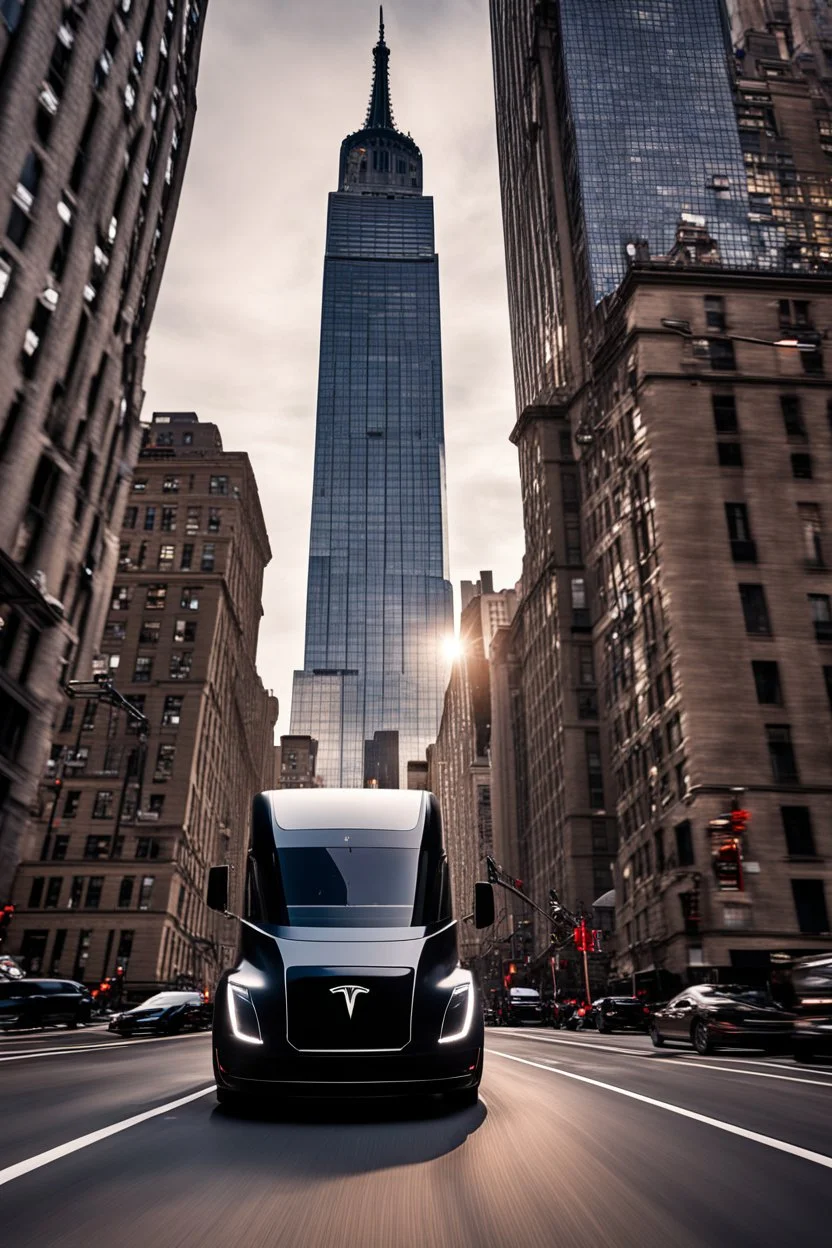 A Tesla semi-truck is racing at top speed, near the "Empire State Building' in New York. CINEMATIC. WIDE ANGLE LENS. PHOTO REAL.