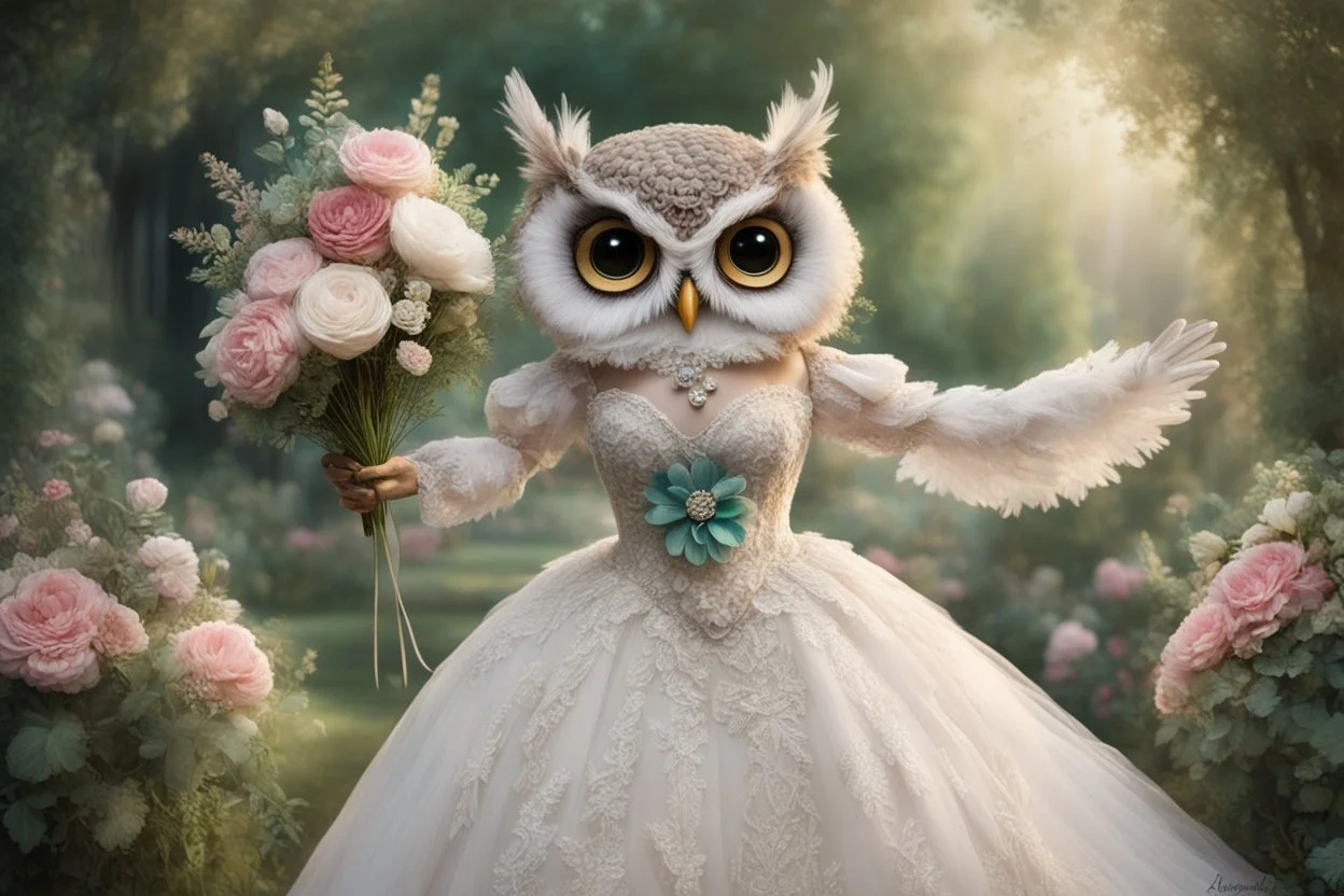 an anthropomorphic, owl bride happily throwing a bouquet in a beautiful garden. The owl has fluffy feather in shades of light brown and grey with distinct tabby markings on its face. Its large, expressive eyes are a deep emerald green and it has a small, pink nose. The owl is wearing embroidered white lace bride dress, tulle, gemstones, pearls, adorning the hem and bodice. Behind her, a celebrating crowd, owls and people dressed in elegant clothes, wedding food and cake on the tables. Behin