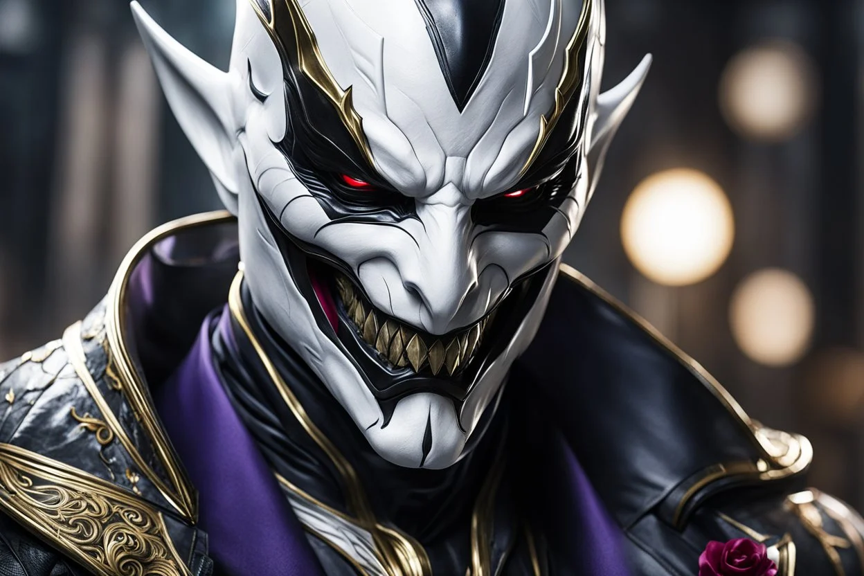 Jhin venom in 8k live action artstyle, white joker mask, close picture, intricate details, highly detailed, high details, detailed portrait, masterpiece,ultra detailed, ultra quality