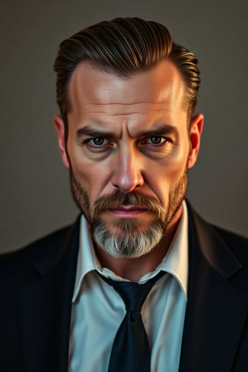 portrait of a 40 year old Handsome, smart gang boss with lightly tanned skin. medium length brown hair slicked back and a goatee beard. mean looking. wearing a dark suit. photorealistic. 4k