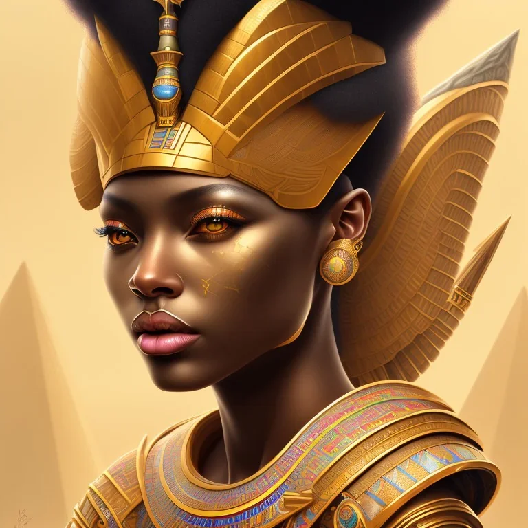 sango fantasy, fantasy magic, intricate, sharp focus, illustration, highly detailed, digital painting, concept art, matte, masterpiece head sexy view black African beauty black afro hair earth lady golden falcon head Egyptian princess pyramid sphinx background