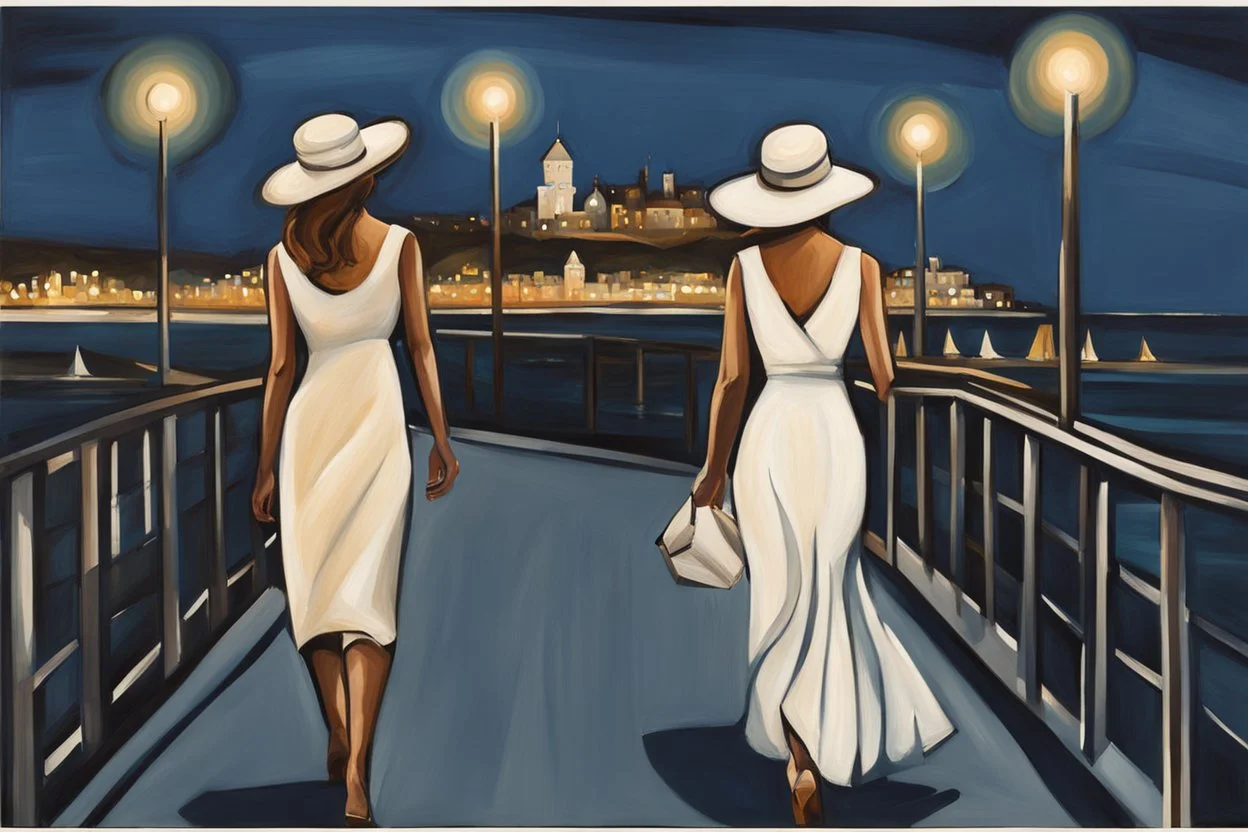 two elegant women walking at night on a sea promenade, by artist "Ingrid Umber", by artist "Sienna Lamberts