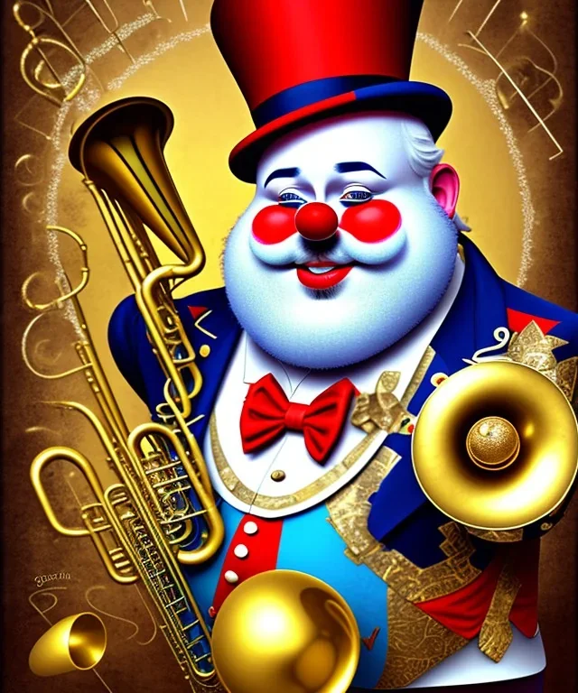 happy old friendly fat clown with round head and trimmed beard playing jazz with a steampunk theme, trumpet, circus, realistic