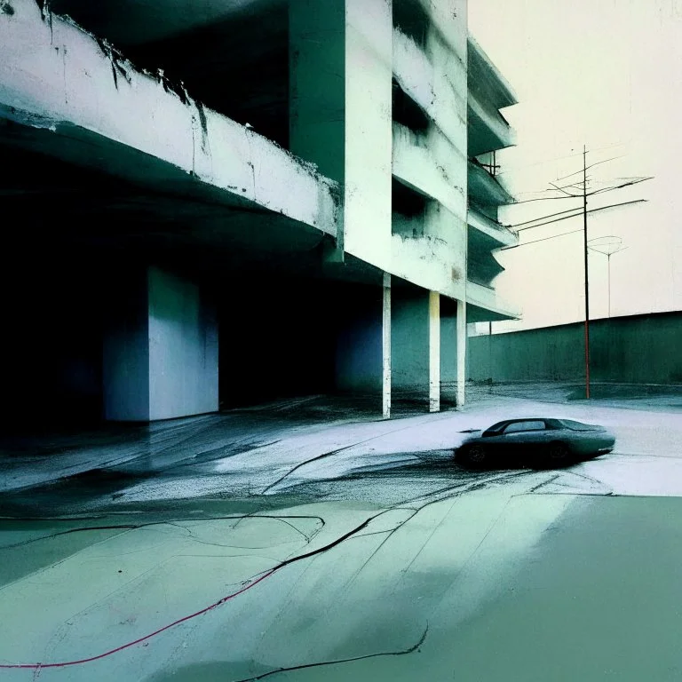 Minimal abstract oil paintings desolate 1960s carpark. Falling concrete . Broken neon pipes and wires. In the style of Justin Mortimer and Francis Bacon.