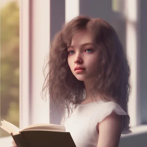 Study girl, curl hair read a book in by the window, ultra detail, real photo realistic, unreal engine, cinematic lighting --ar 1:1 creative