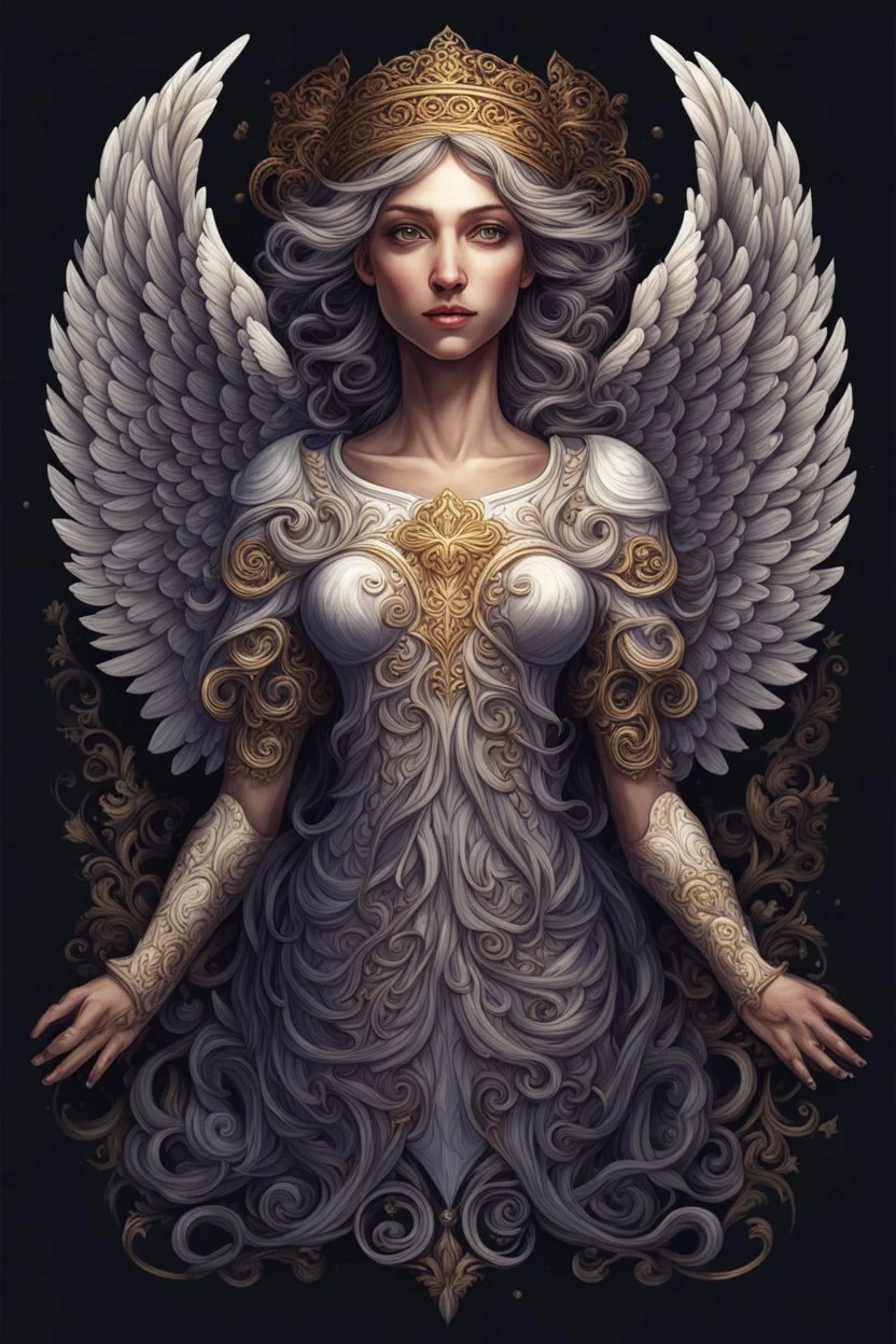 Ornate Angel design, T-Shirt Design, fantasy art, digital painting, clean dark background, 8K, HDR