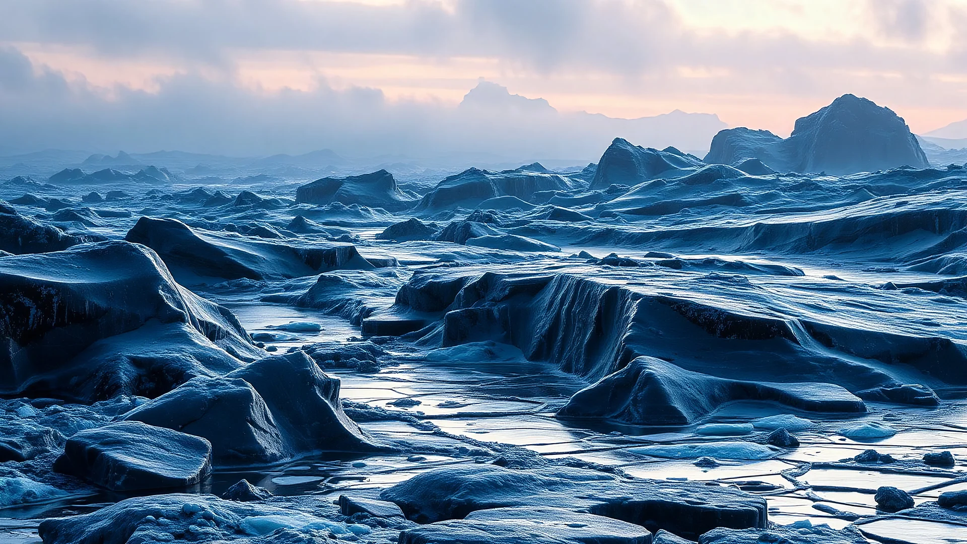 realistic photo of a landscape covered in black ice that looks futuristic with futuristic lighting