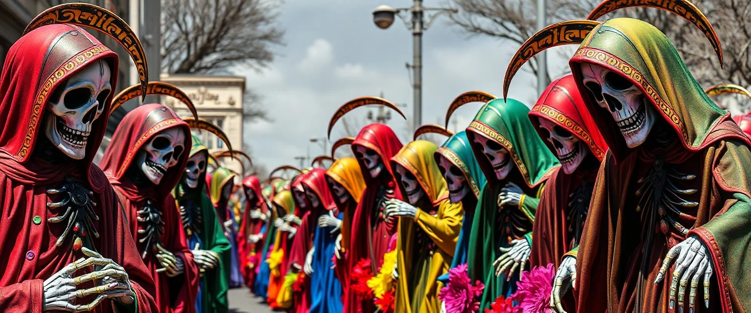 multi colored, bright, vivid, psychedelic, high detailed, high gloss, insanely detailed, matte, horrorcore, lining the street, unsettling contrast, monument to death, grim reaper parade
