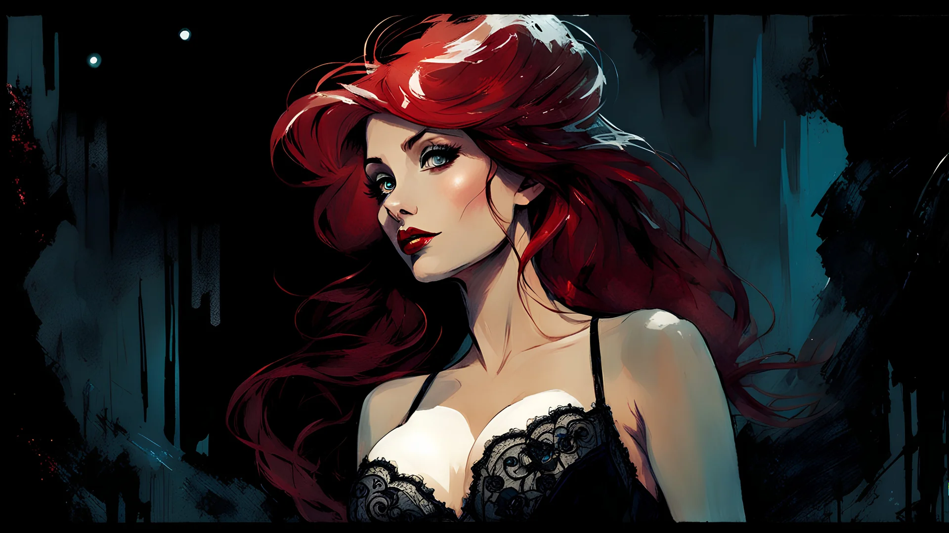 Graphic Novel Full Body Portrait Of Disney Ariel, Gorgeous Red Hair, Big Wide Set Eyes, Cute Nose, Big Pouty Lips, Unique Moody Face, Femme Fatale, Black lace bra and briefs At Night, smiling, Cinematic Detailed Mysterious Sharp Focus High Contrast Dramatic Volumetric Lighting,:: dark mysterious esoteric atmosphere :: digital matt painting by Jeremy Mann + Carne Griffiths + Leonid Afremov, black canvas, dramatic shading, detailed face